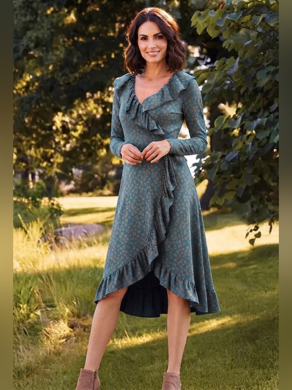 Matilda Jane Teal Floral Ruffle Midi Wrap Dress